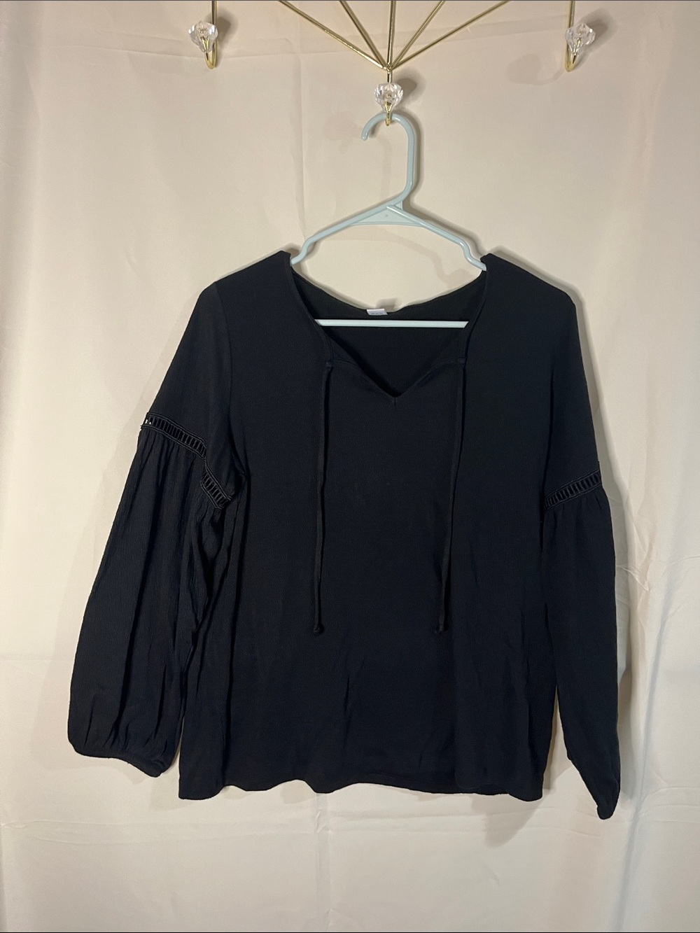 Old Navy Black Long-Sleeve V-Neck Tunic with Ladder Trim and Front Ties